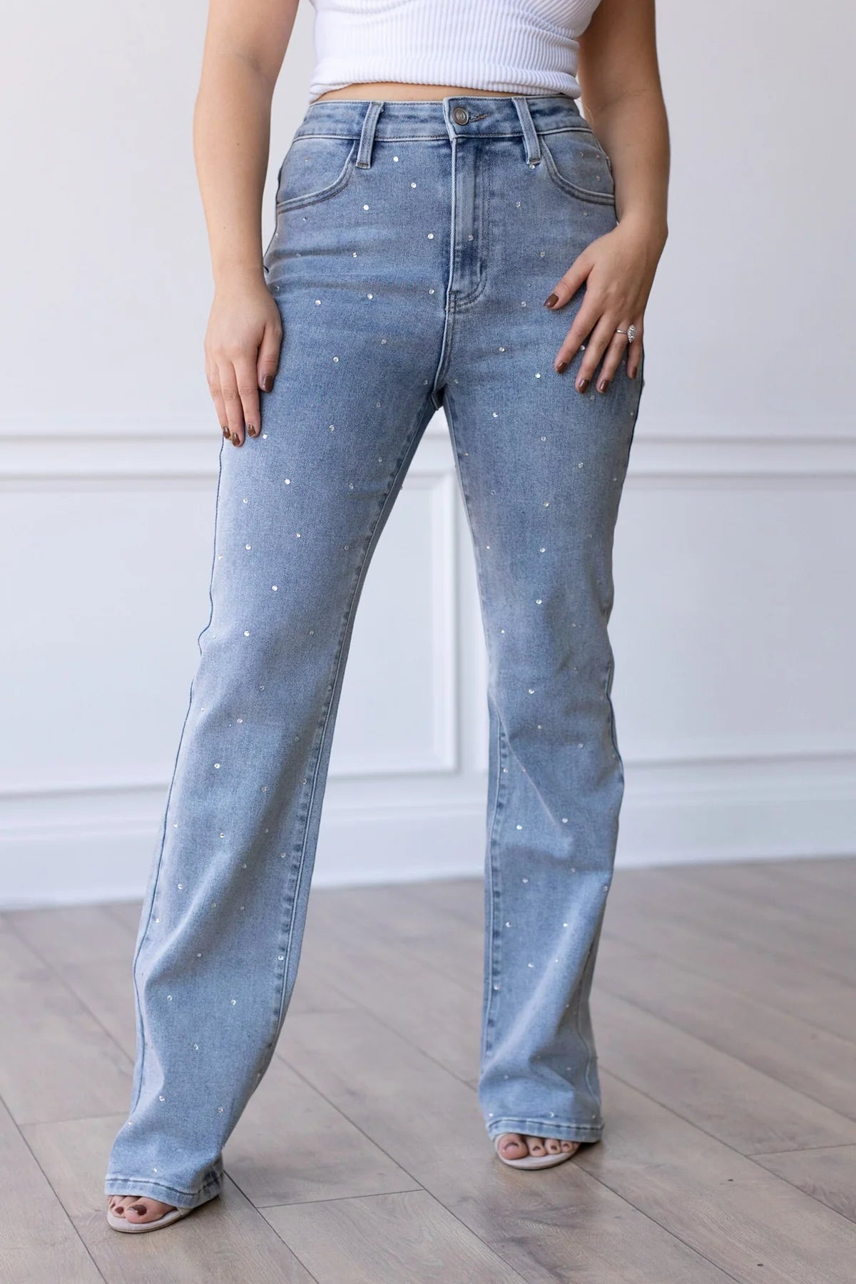 CRYSTAL STUDDED STRAIGHT LEG JEANS