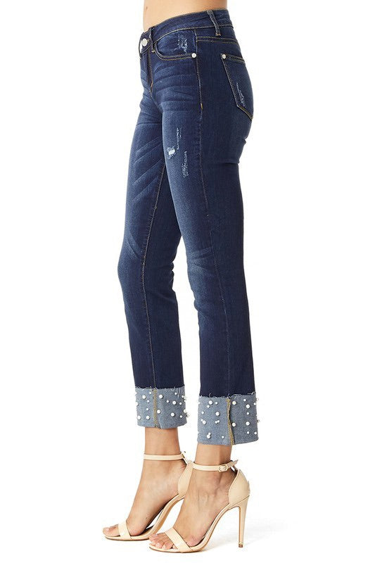 JUDY BLUE CUFFED STRAIGHT LEG JEANS WITH PEARLS