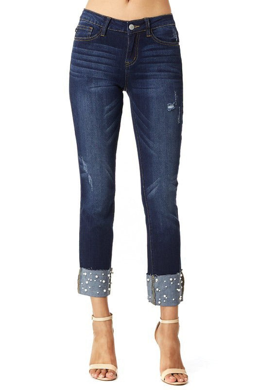 JUDY BLUE CUFFED STRAIGHT LEG JEANS WITH PEARLS